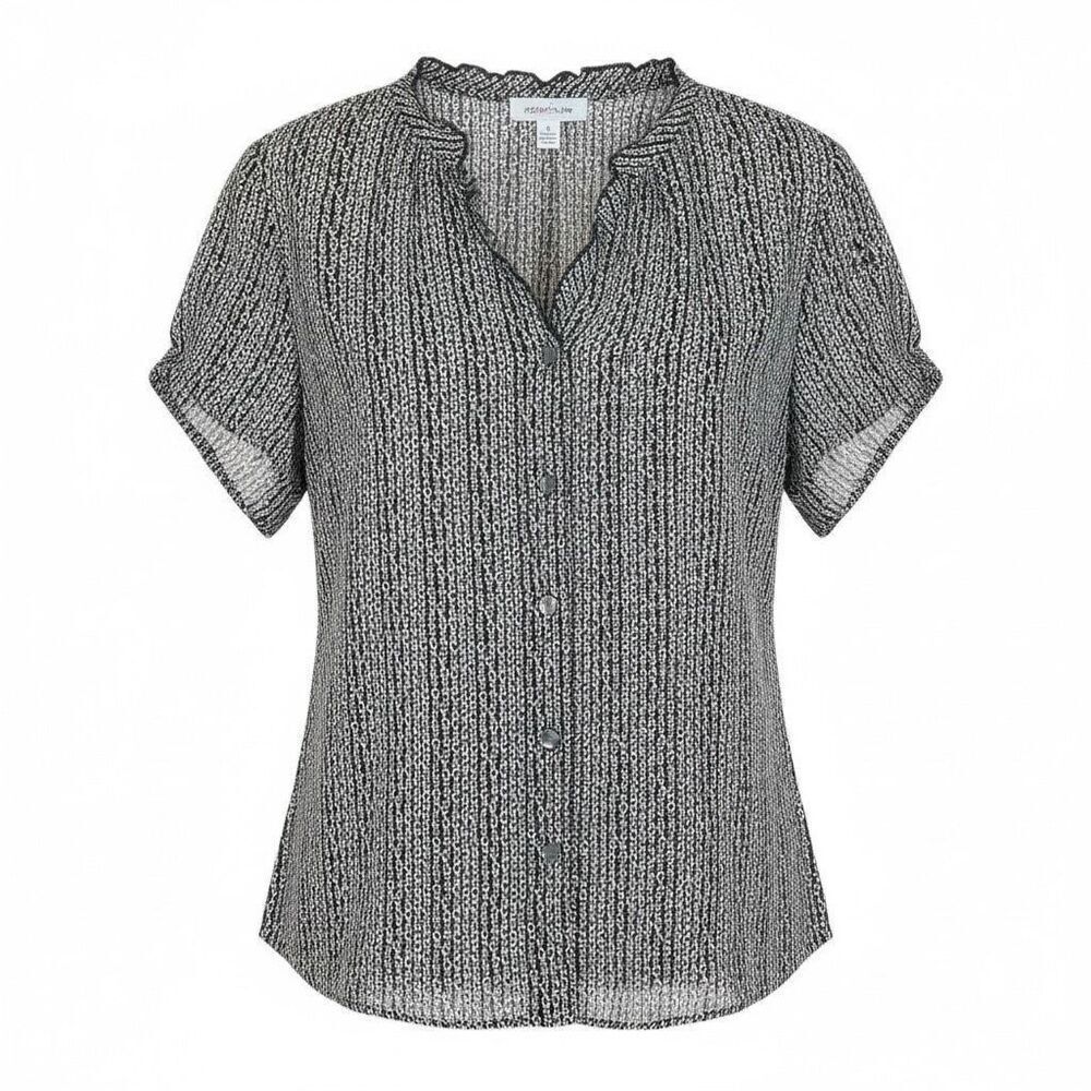 Covington Geometric Button Front Ruffle Neck Short Sleeve Blouse Black White 20W